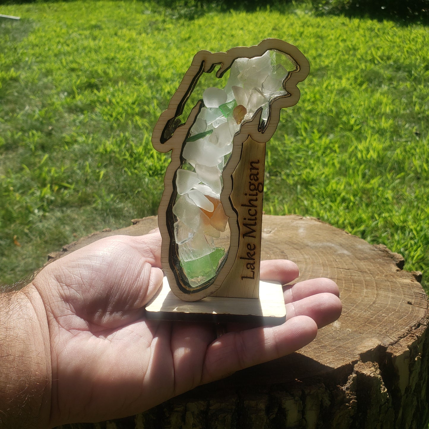 Lake Michigan Sea Beach Glass Rock Shadowbox Display, Single Sided, Window Display, Two-sided Shine-through Shelf Sitter, LED Light, Small