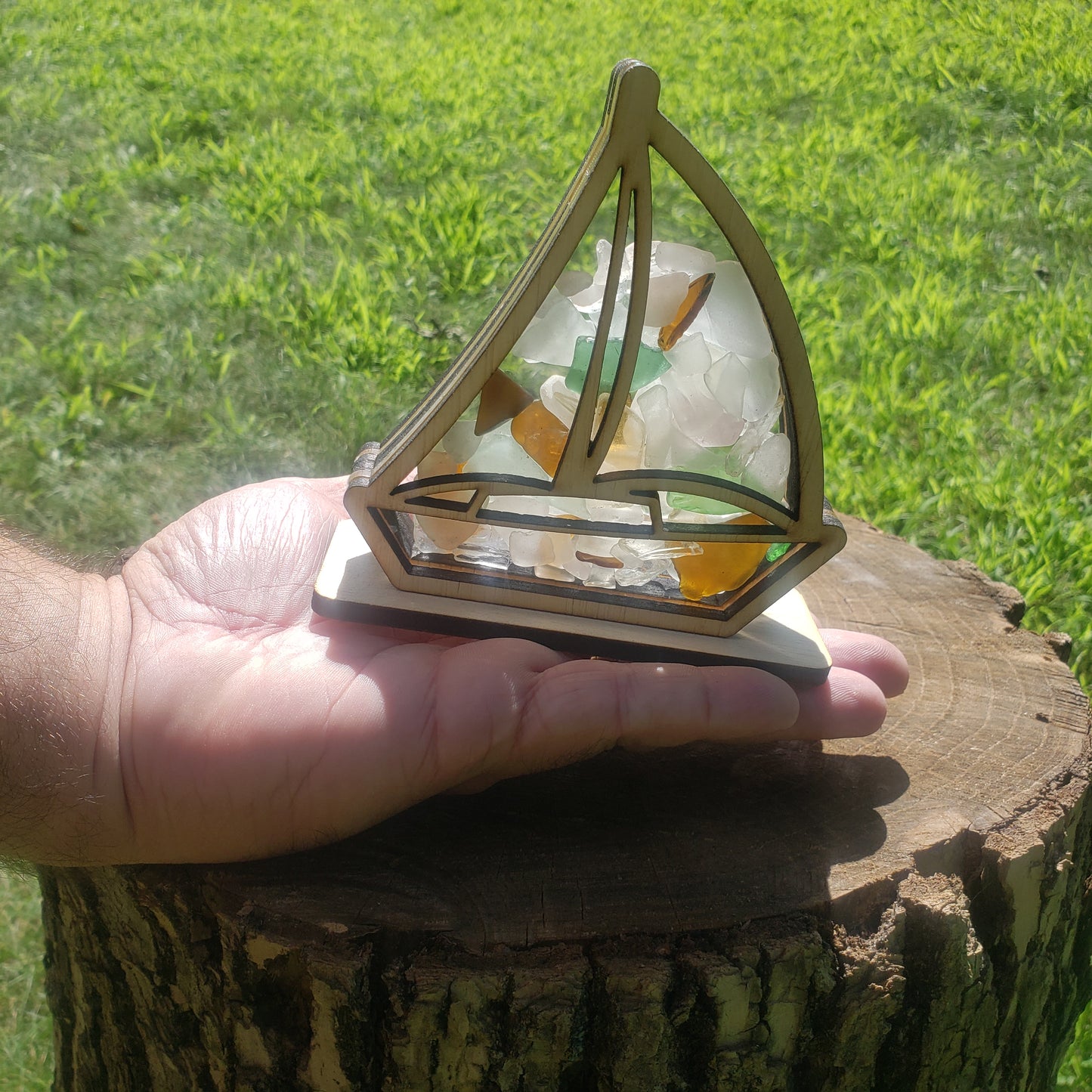 Sailboat Sea Glass Shadowbox Display Single Sided, Window Hanging, Double Sided Shine-through Shelf Sitter, LED Light Multicolor, Small