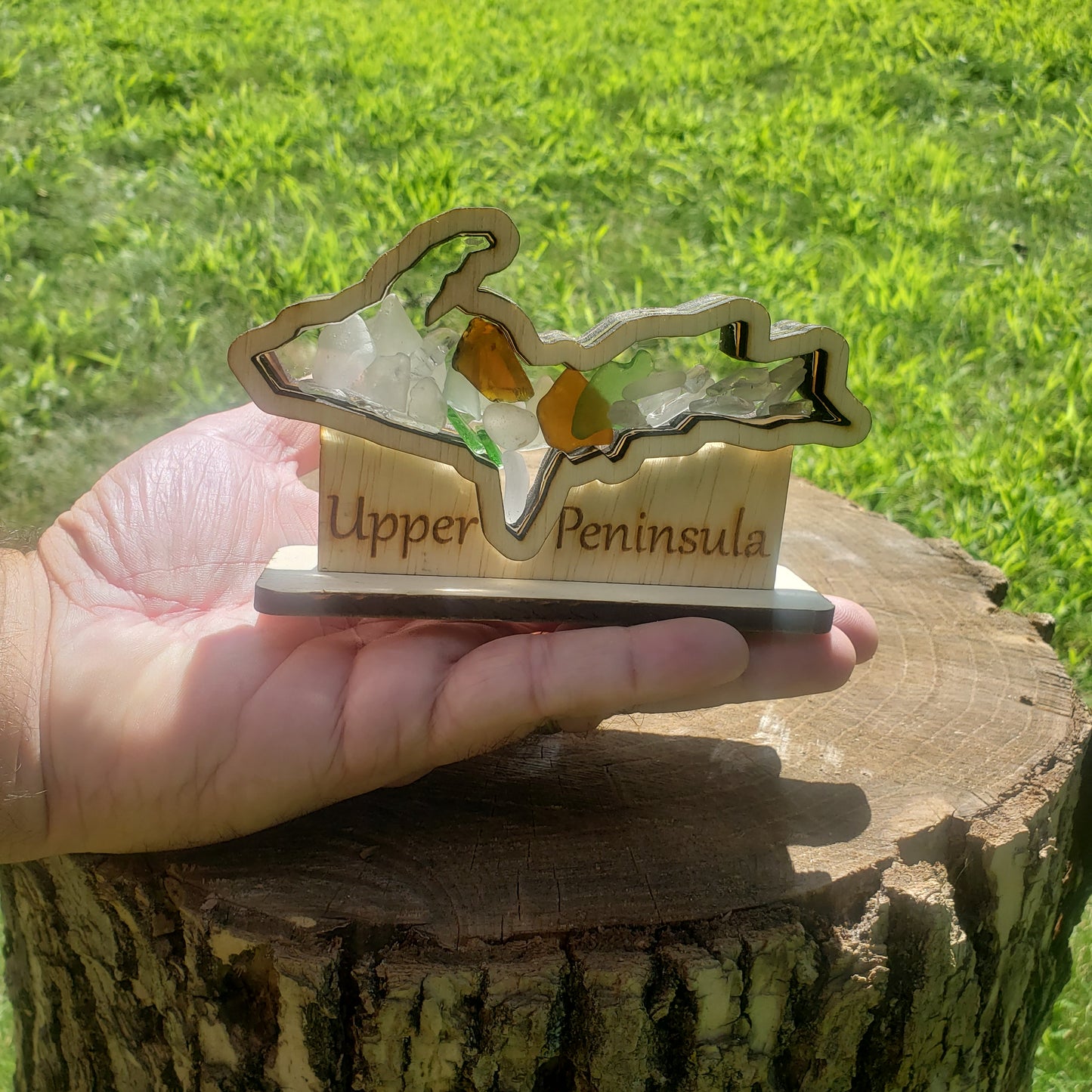 Michigan Upper Peninsula Sea Beach Glass Shadowbox Display, Single Sided, Window Hanging, Double-sided Shelf Sitter, LED Night Light, Small