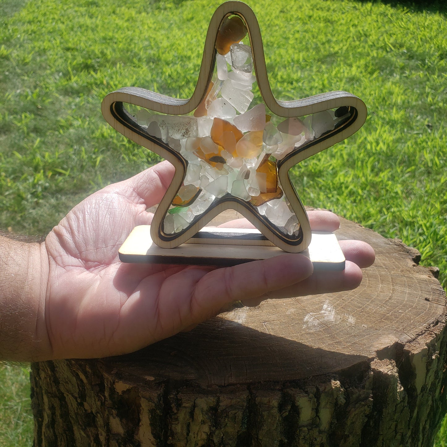 Starfish Sea Glass Shadowbox Display, Single Sided, Window Hanging, Double Sided Shine-through Shelf Sitter, LED Light Multicolor, Small