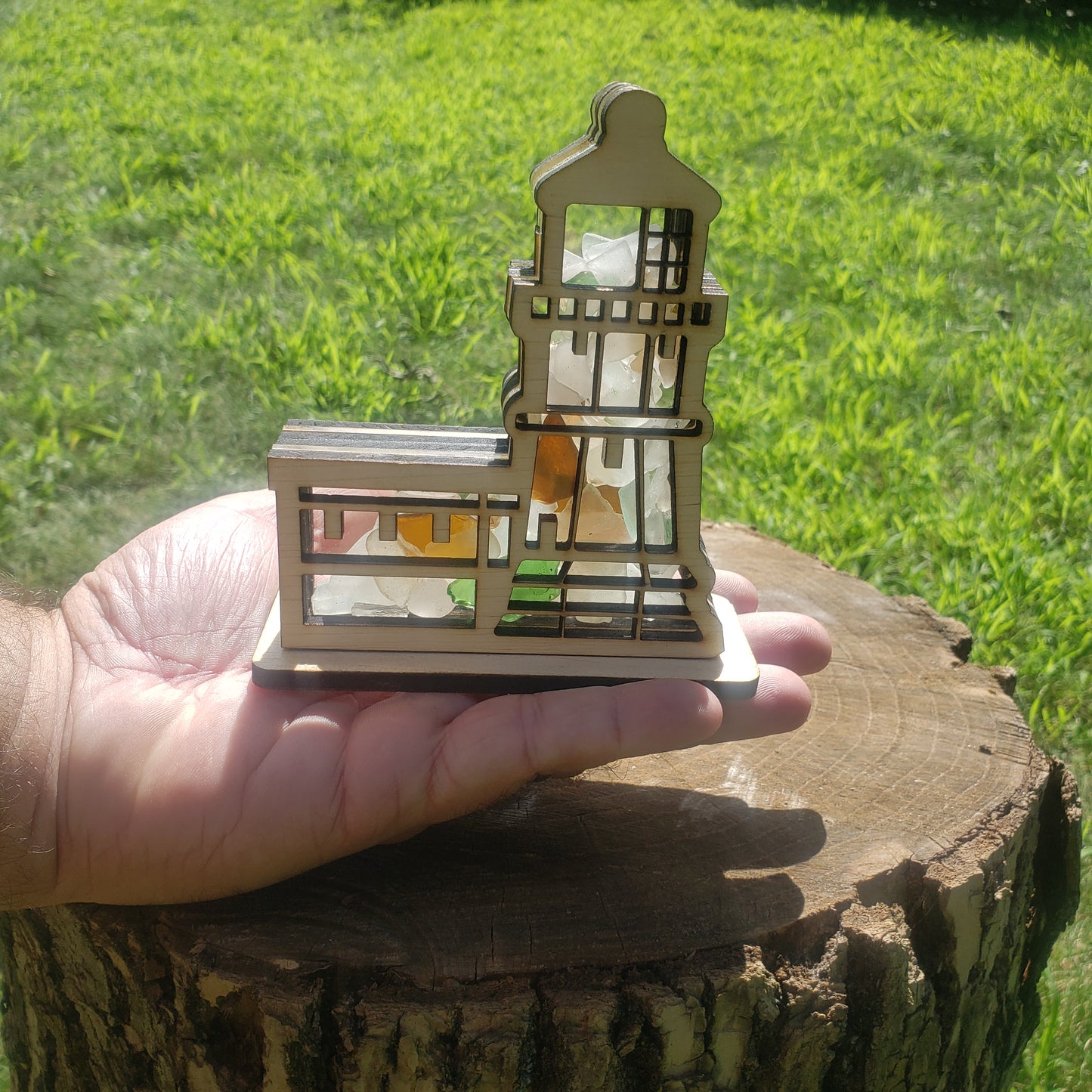 Split Rock Lighthouse Sea Glass Shadowbox Display Single Sided, Window Hanging, Double Sided Shine-through Shelf Sitter, LED Light, Small