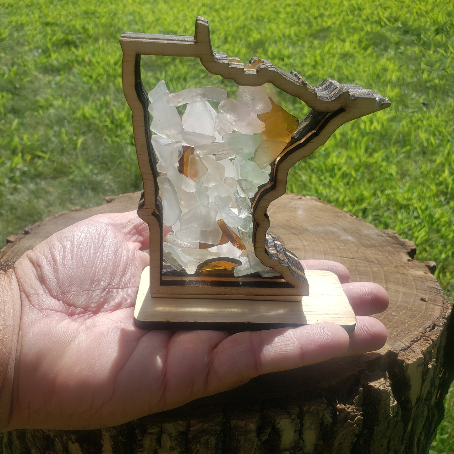 Minnesota Sea Beach Glass Agate Shadowbox Display, Single Sided, Window Hanging, Shine-Through Double Sided Shelf Sitter, LED Light, Small