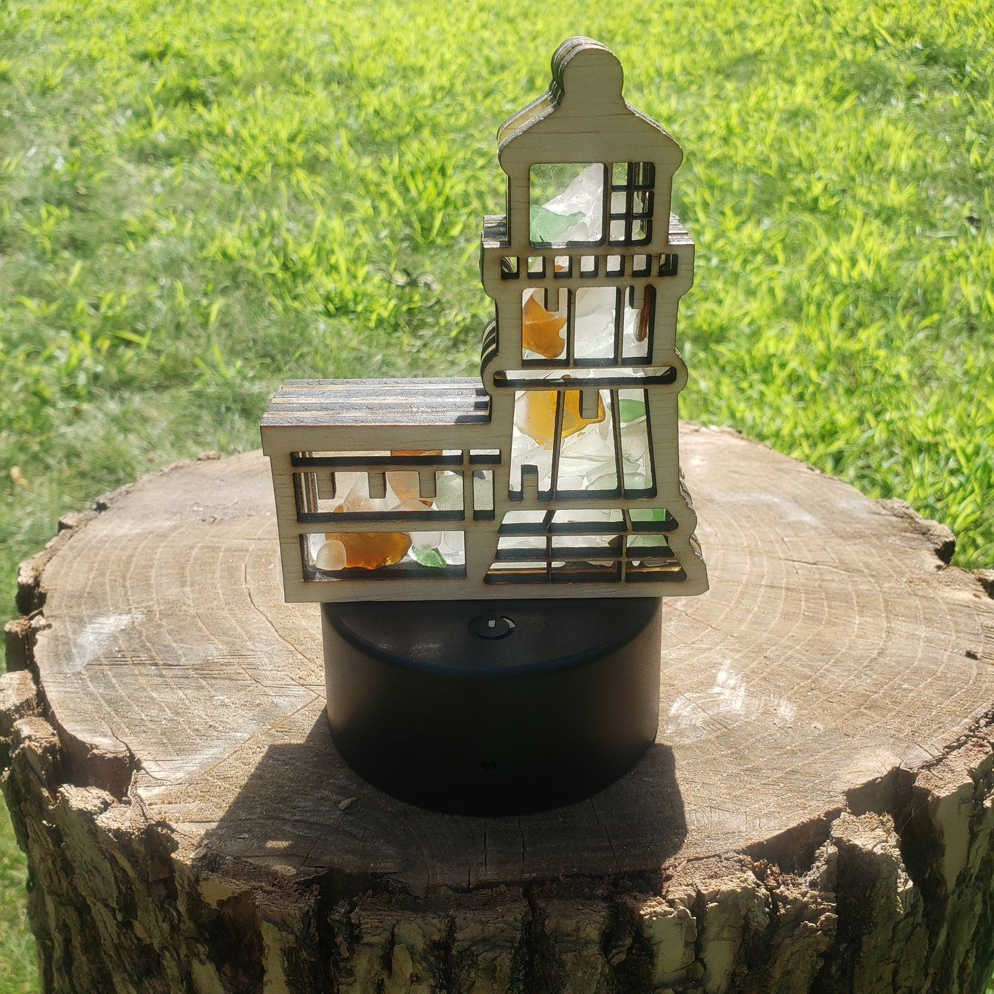 Split Rock Lighthouse Sea Glass Shadowbox Display Single Sided, Window Hanging, Double Sided Shine-through Shelf Sitter, LED Light, Small