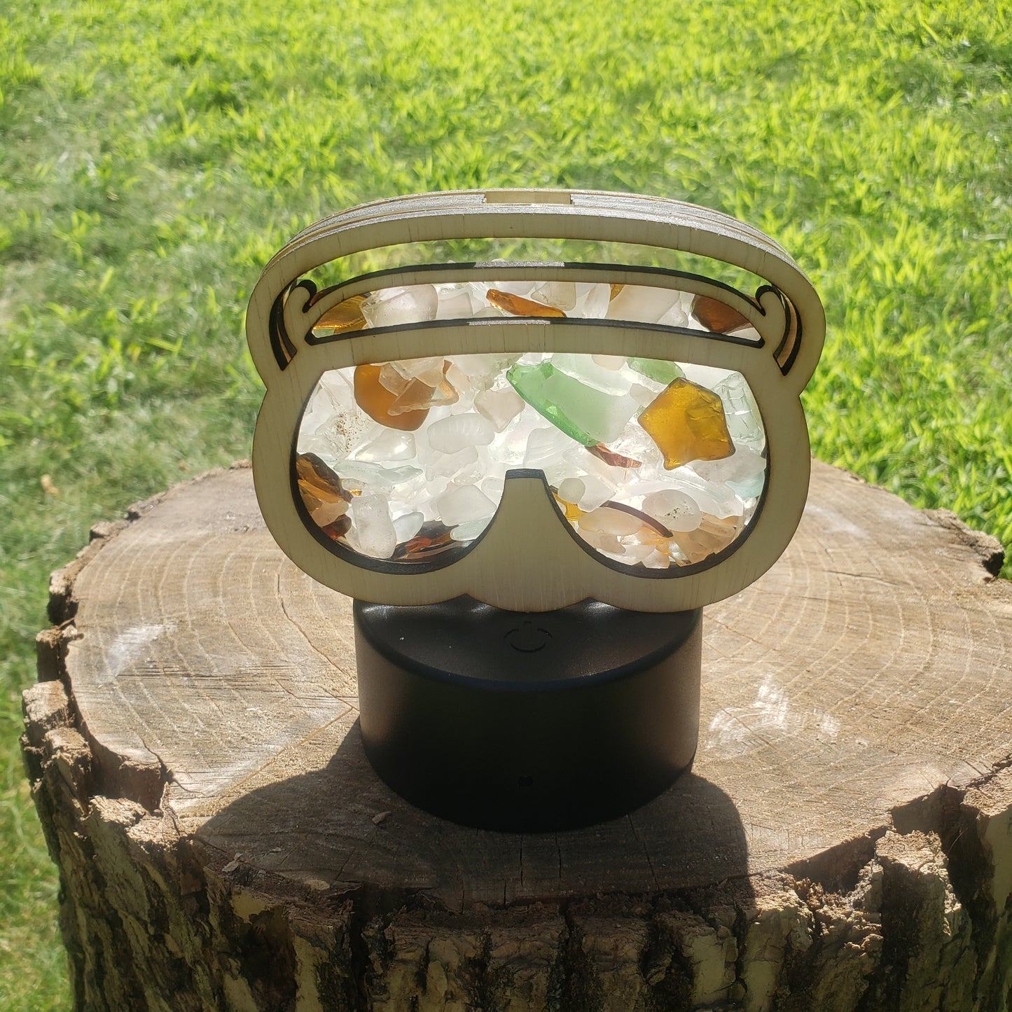 Swim Scuba Goggles Sea Glass Shadowbox Display, Single Sided, Window Hanging, Double Sided Shine-through Shelf Sitter, LED Light, Small