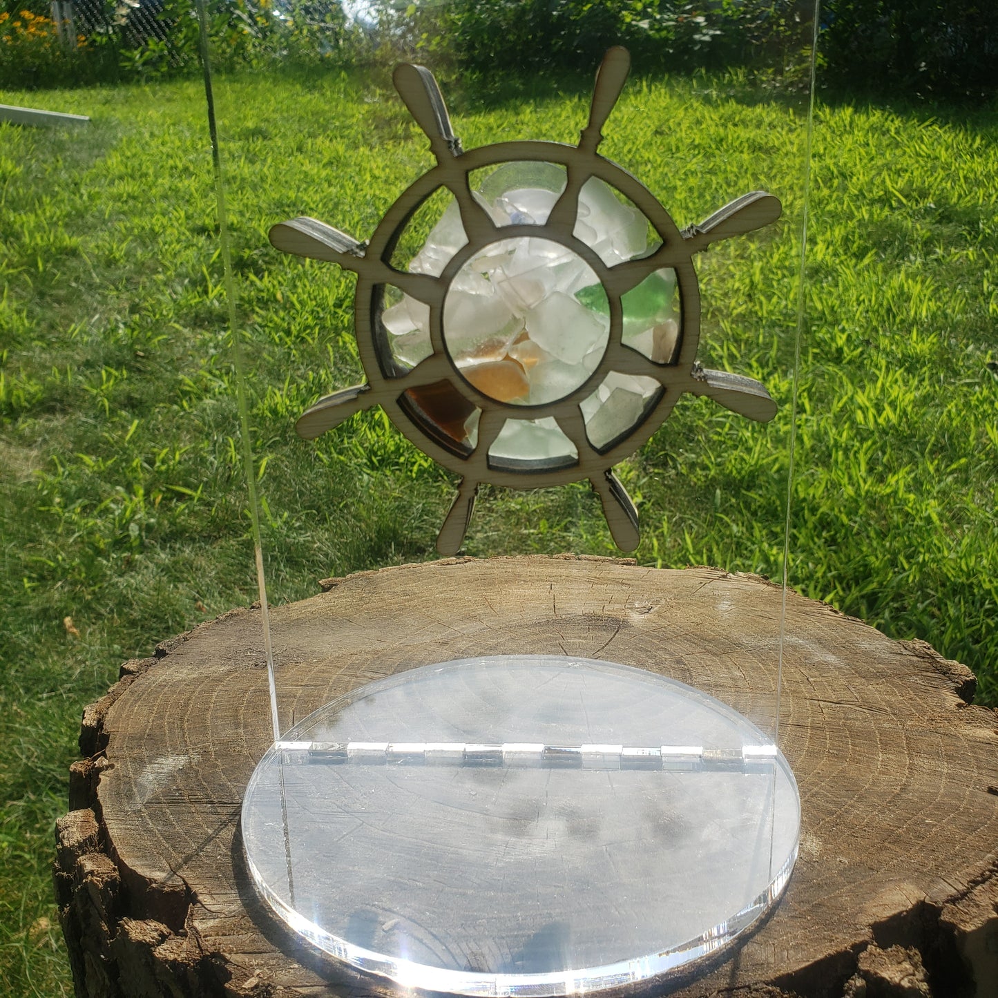 Ship's Steering Wheel Sea Glass Shadowbox Display, Single Sided, Window Hanging, Double Sided Shine-through Shelf Sitter, LED Light, Small