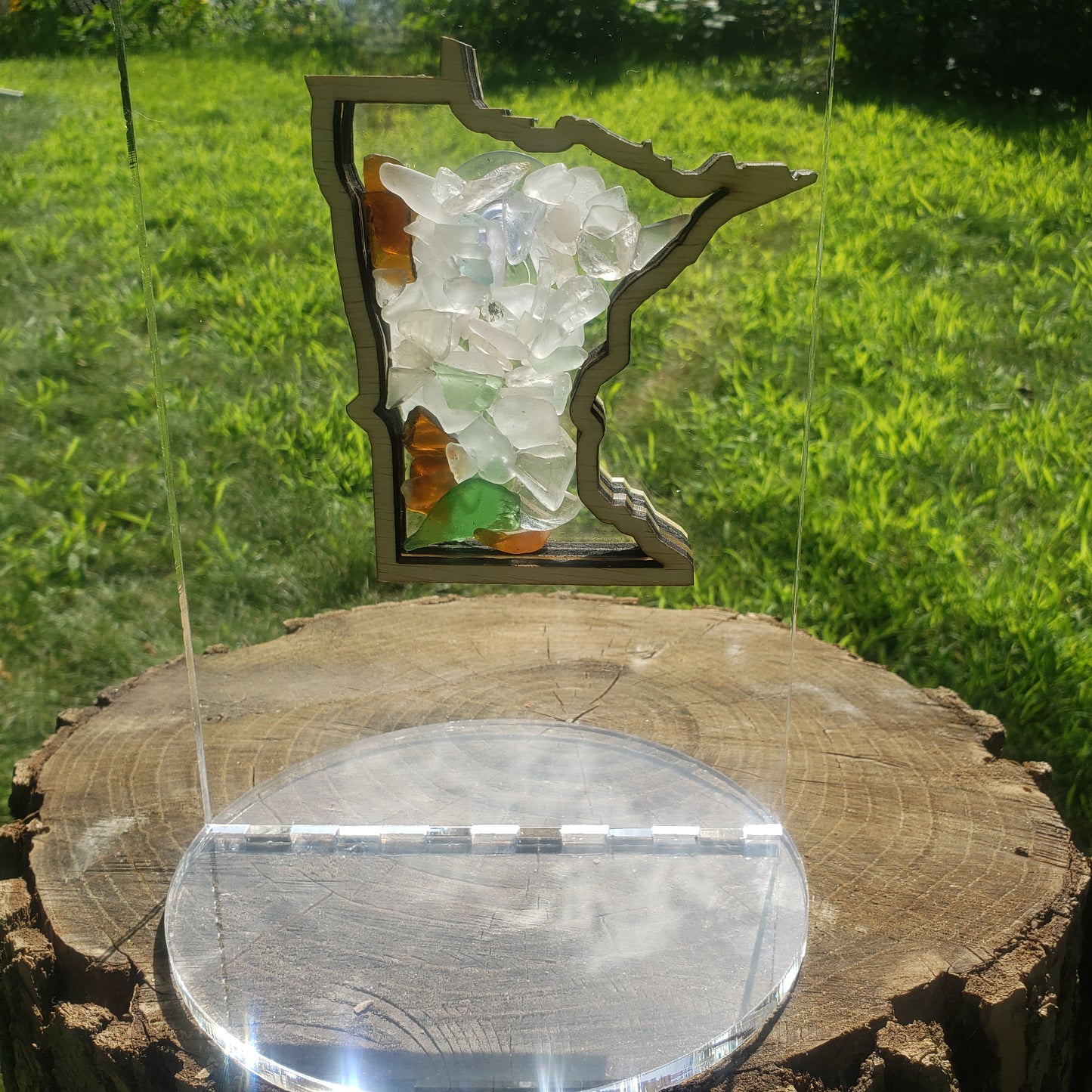 Minnesota Sea Beach Glass Agate Shadowbox Display, Single Sided, Window Hanging, Shine-Through Double Sided Shelf Sitter, LED Light, Small