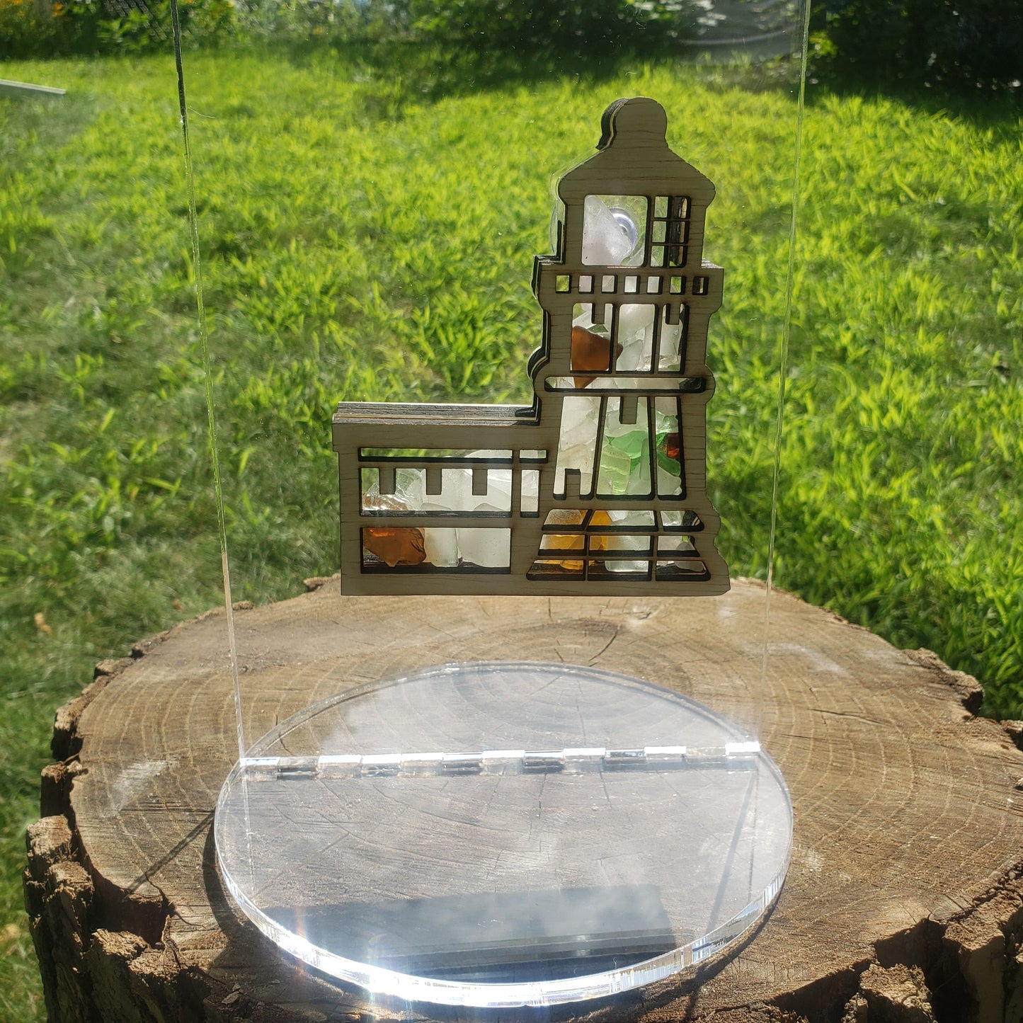 Split Rock Lighthouse Sea Glass Shadowbox Display Single Sided, Window Hanging, Double Sided Shine-through Shelf Sitter, LED Light, Small