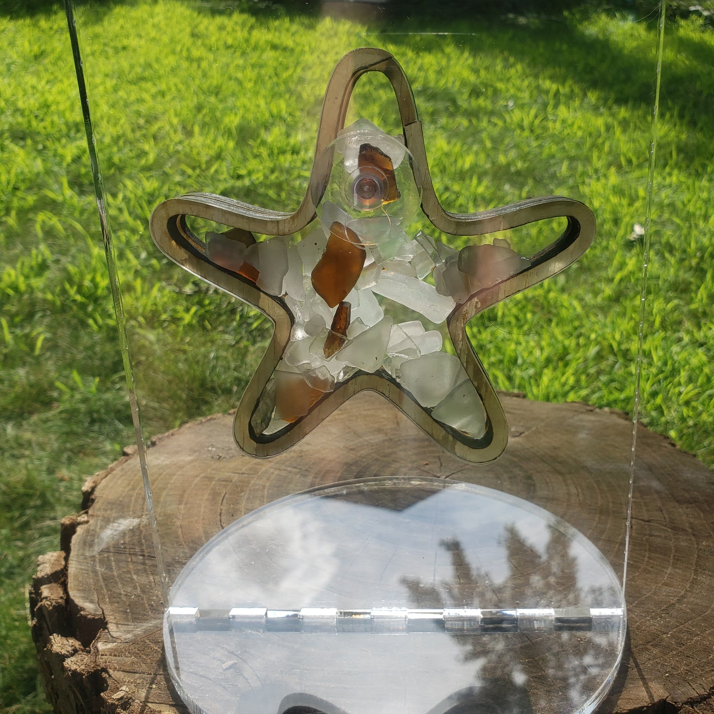 Starfish Sea Glass Shadowbox Display, Single Sided, Window Hanging, Double Sided Shine-through Shelf Sitter, LED Light Multicolor, Small