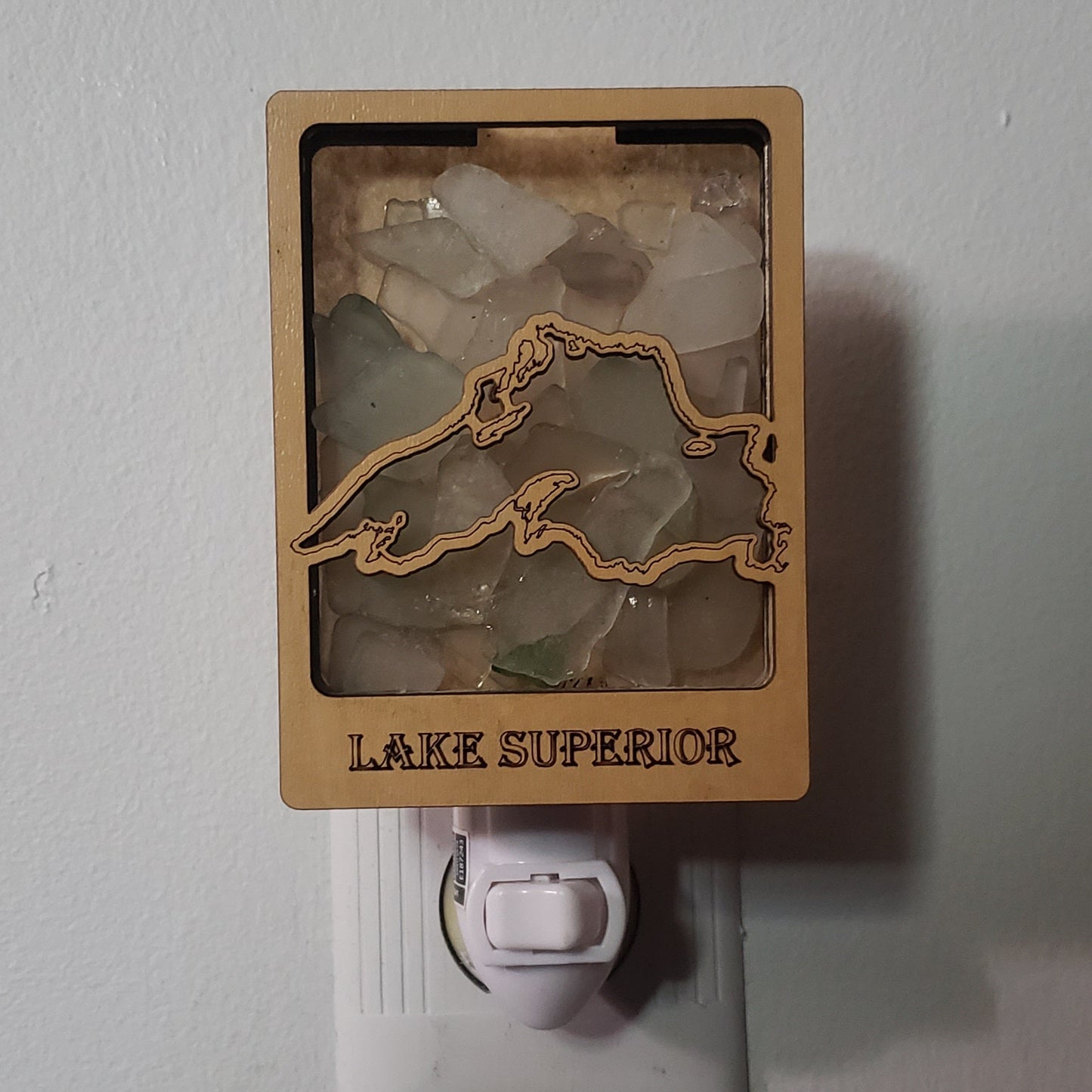 Lake Superior Beach Glass Shadowbox Plugin Nightlight with on/off switch, Great Lakes