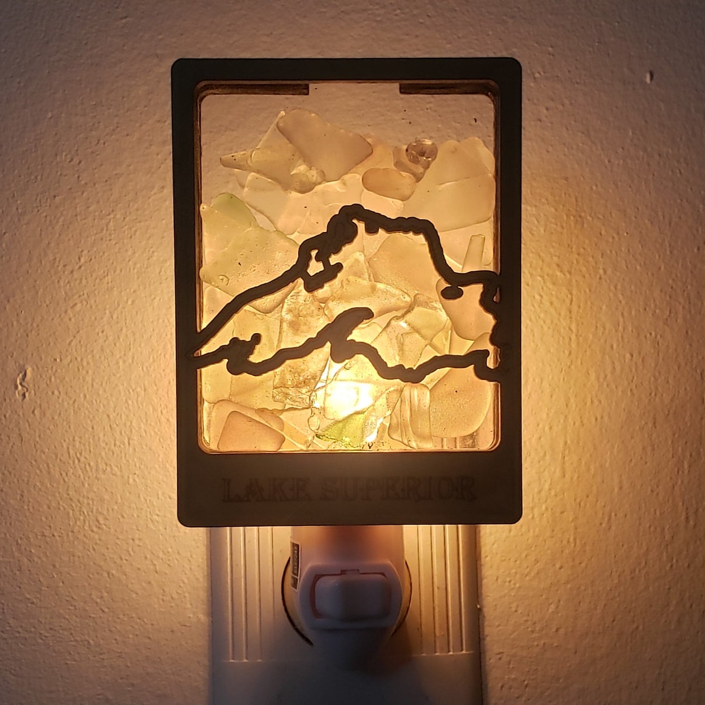 Lake Superior Beach Glass Shadowbox Plugin Nightlight with on/off switch, Great Lakes