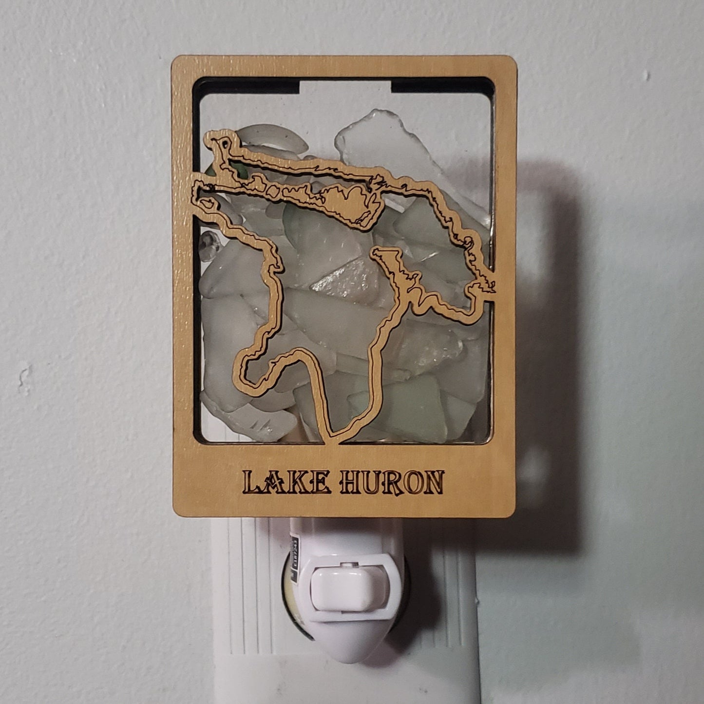 Lake Huron Beach Glass Shadowbox Plugin Nightlight with on/off switch, Great Lakes