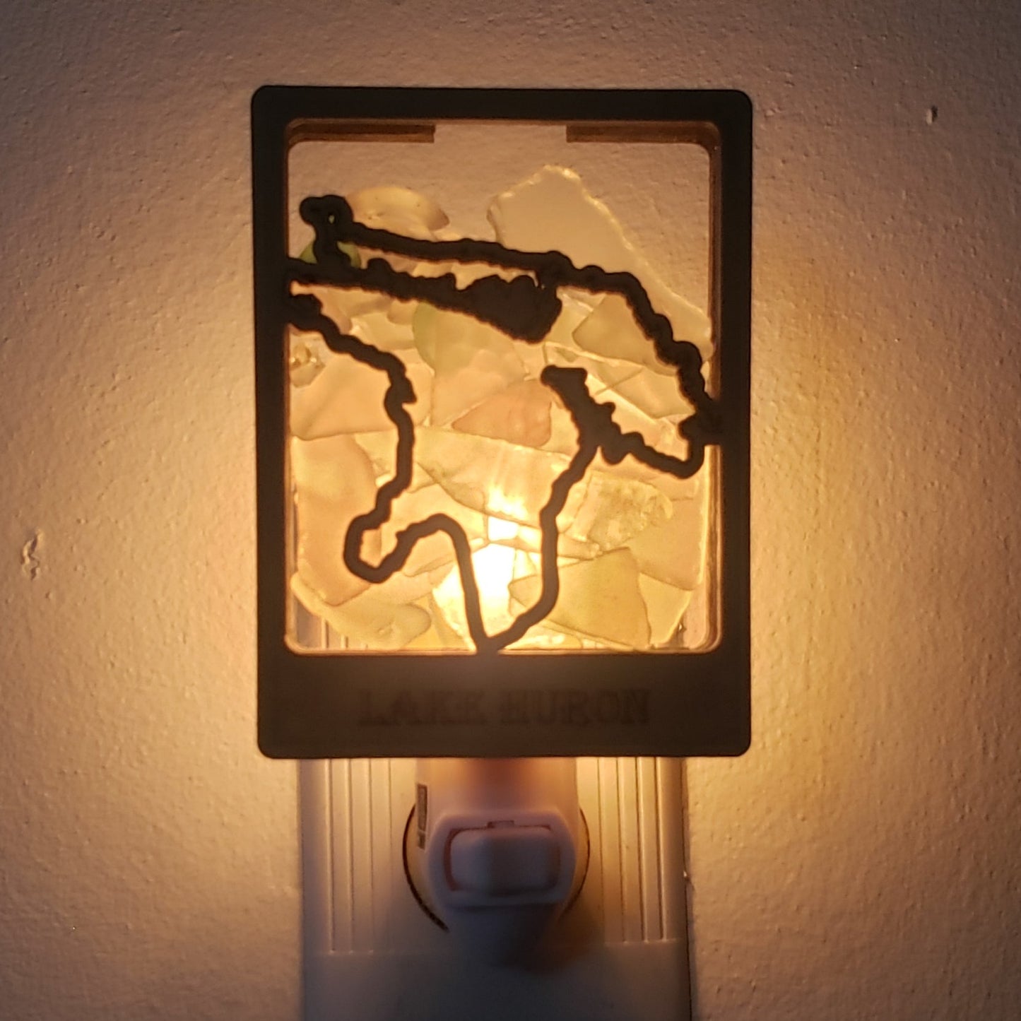 Lake Huron Beach Glass Shadowbox Plugin Nightlight with on/off switch, Great Lakes