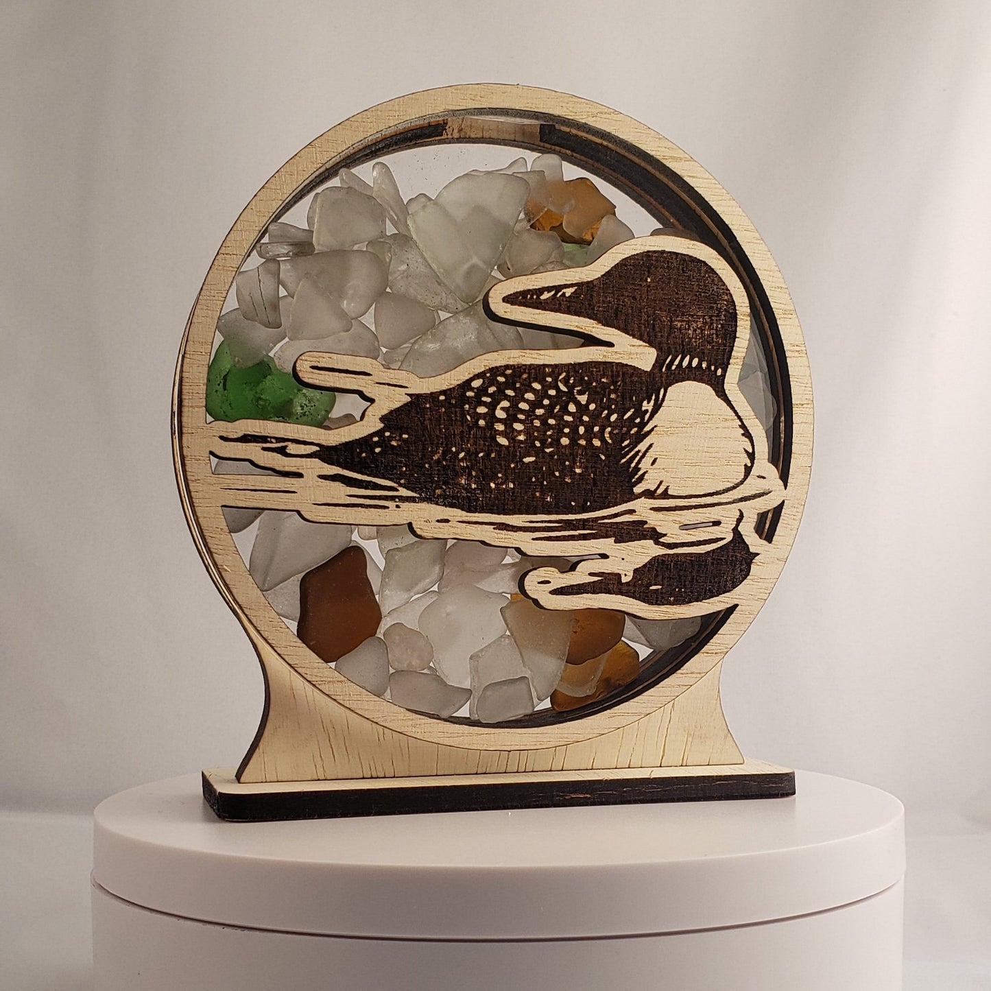 Loon Sea Glass Shadowbox Display Single Sided, Window Hanging, Double Sided Shine-through Shelf Sitter, LED Light, Small