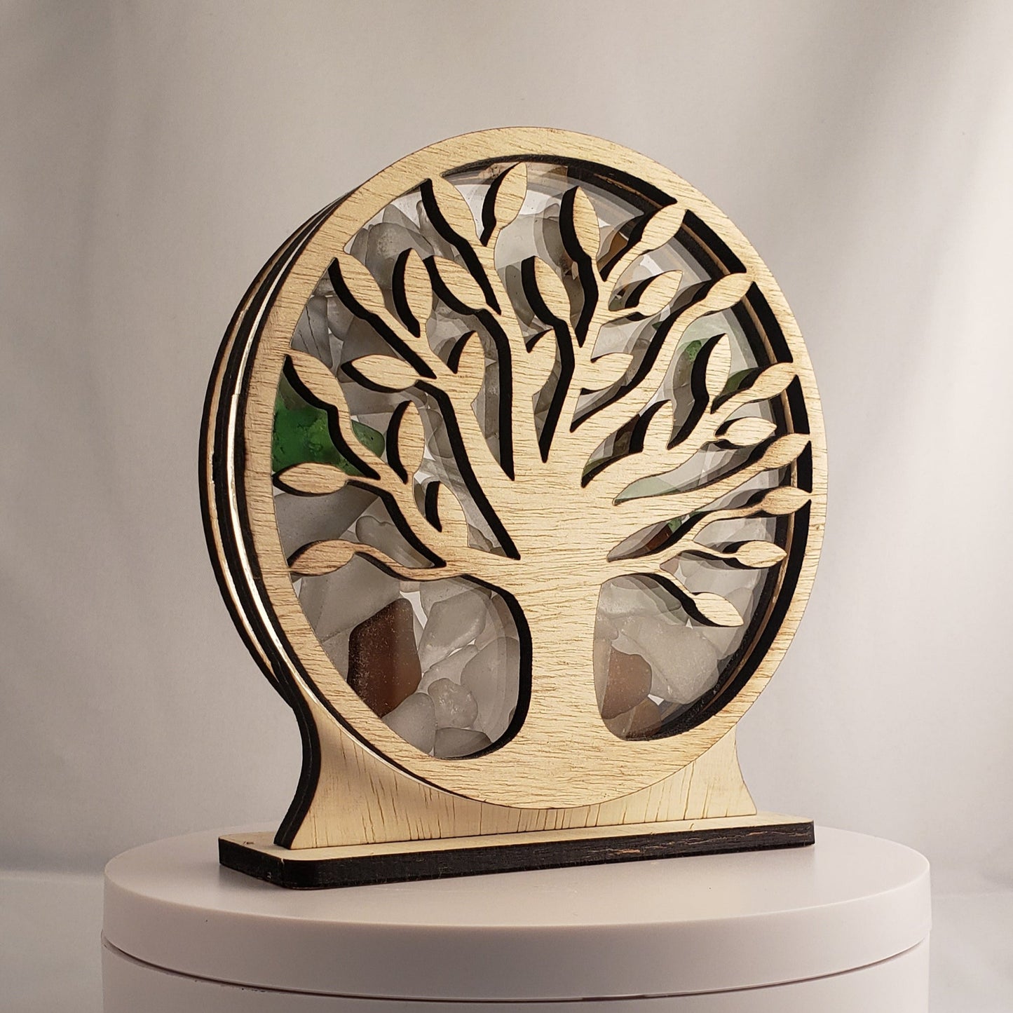Tree of Life Sea Glass Shadowbox Display Single Sided, Window Hanging, Double Sided Shine-through Shelf Sitter, LED Light, Small