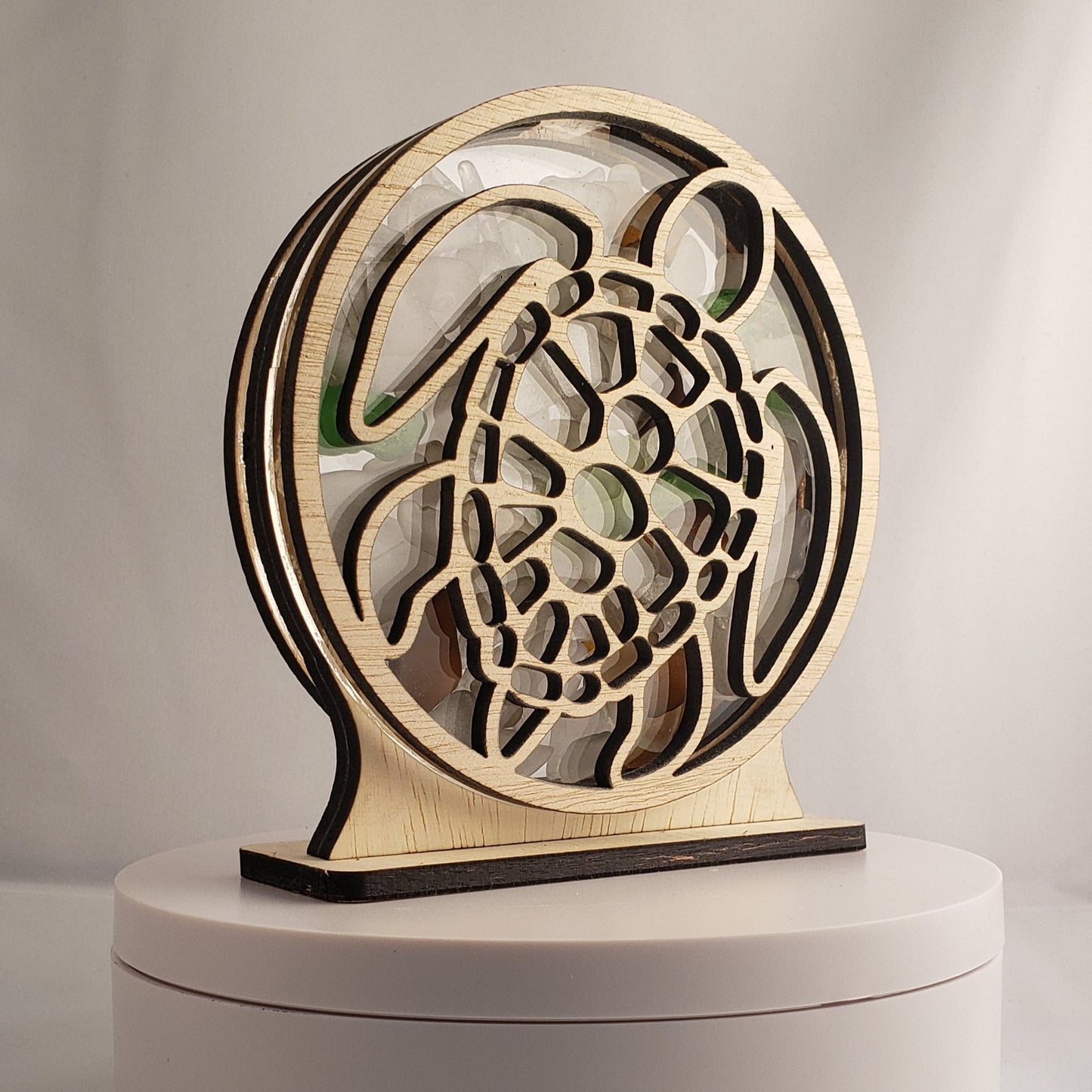 Sea Turtle Sea Glass Shadowbox Display Single Sided, Window Hanging, Double Sided Shine-through Shelf Sitter, LED Light, Small