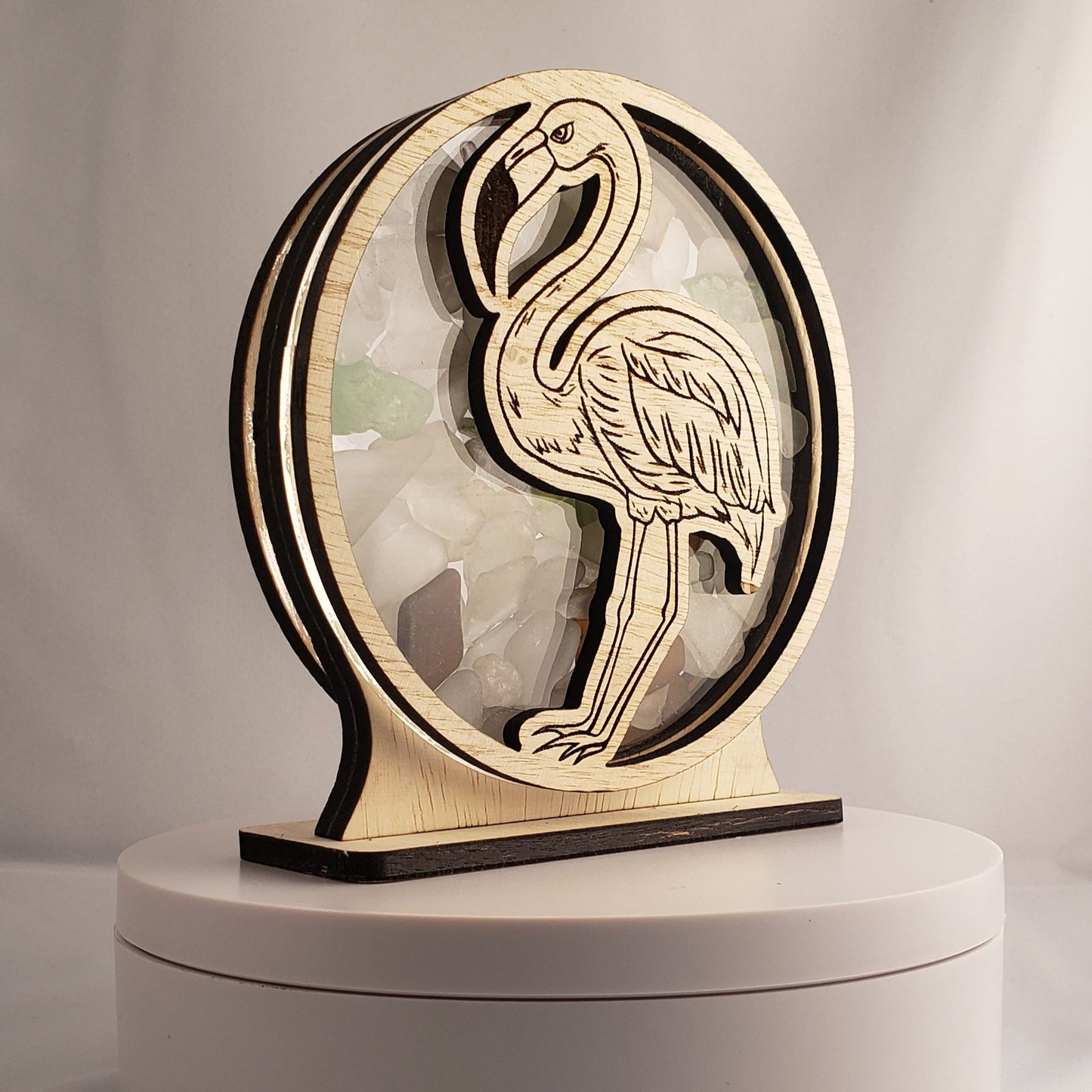 Flamingo Sea Glass Shadowbox Display Single Sided, Window Hanging, Double Sided Shine-through Shelf Sitter, LED Light, Small