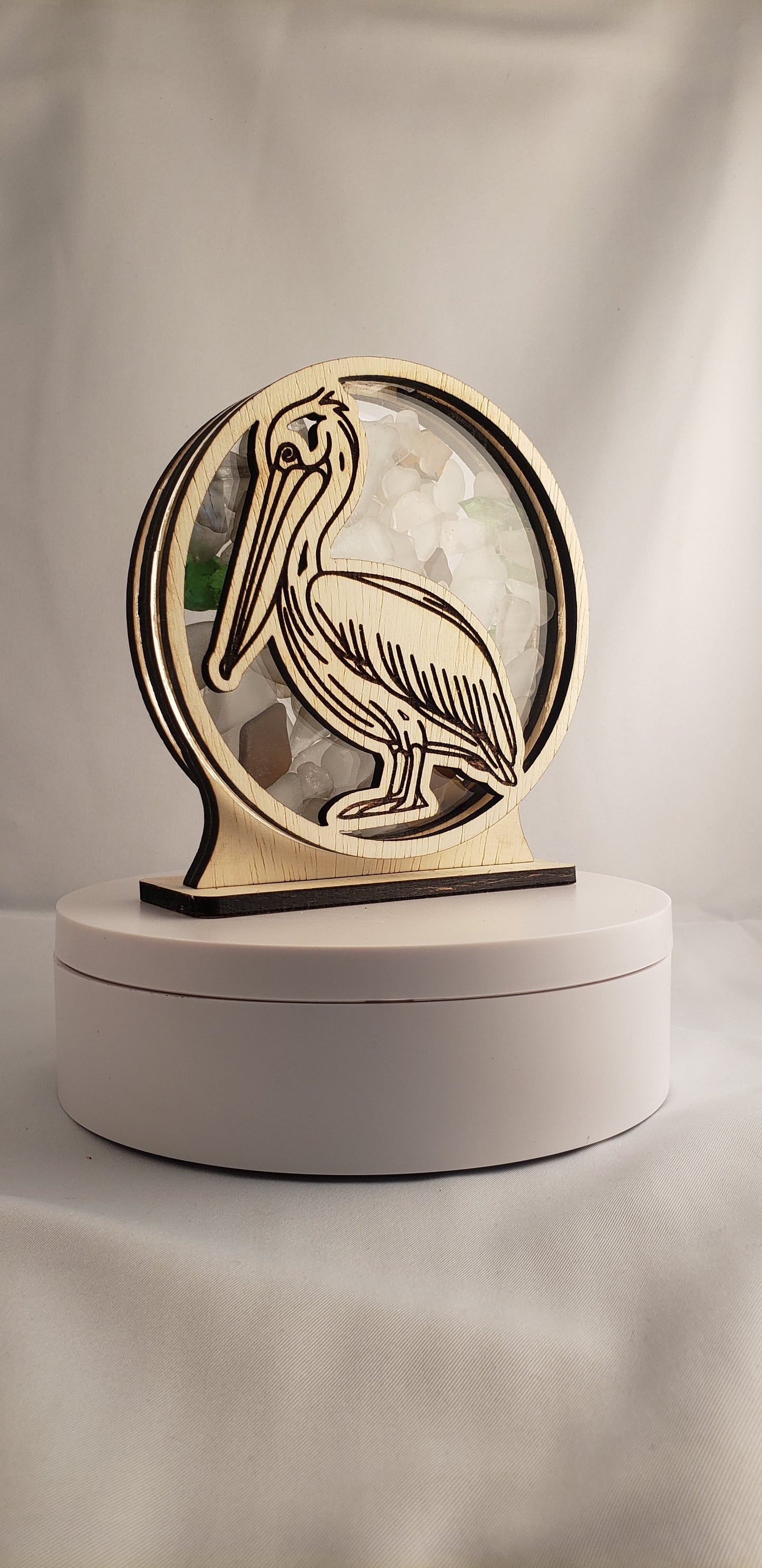 Pelican Sea Glass Shadowbox Display Single Sided, Window Hanging, Double Sided Shine-through Shelf Sitter, LED Light, Small