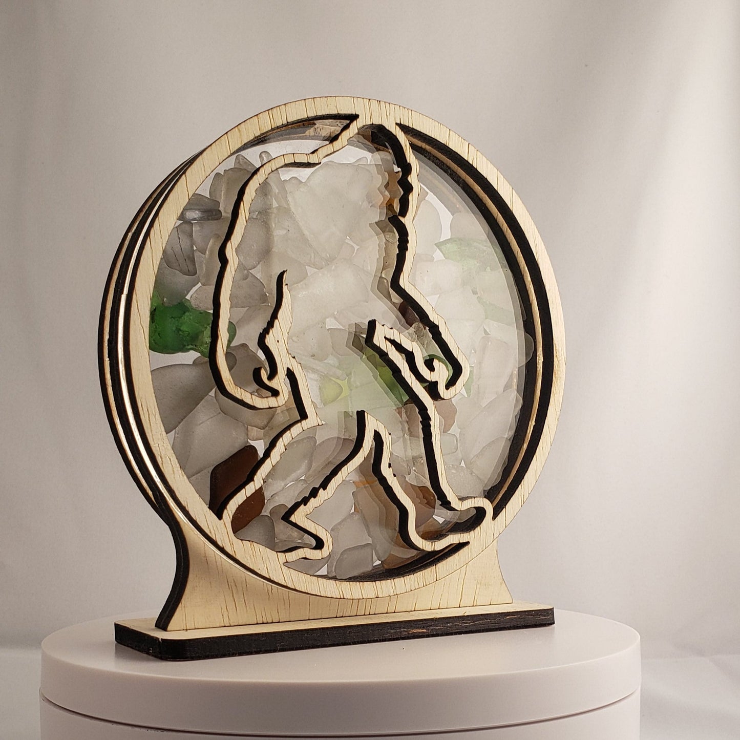 Sasquatch Sea Glass Shadowbox Display Single Sided, Window Hanging, Double Sided Shine-through Shelf Sitter, LED Light, Small