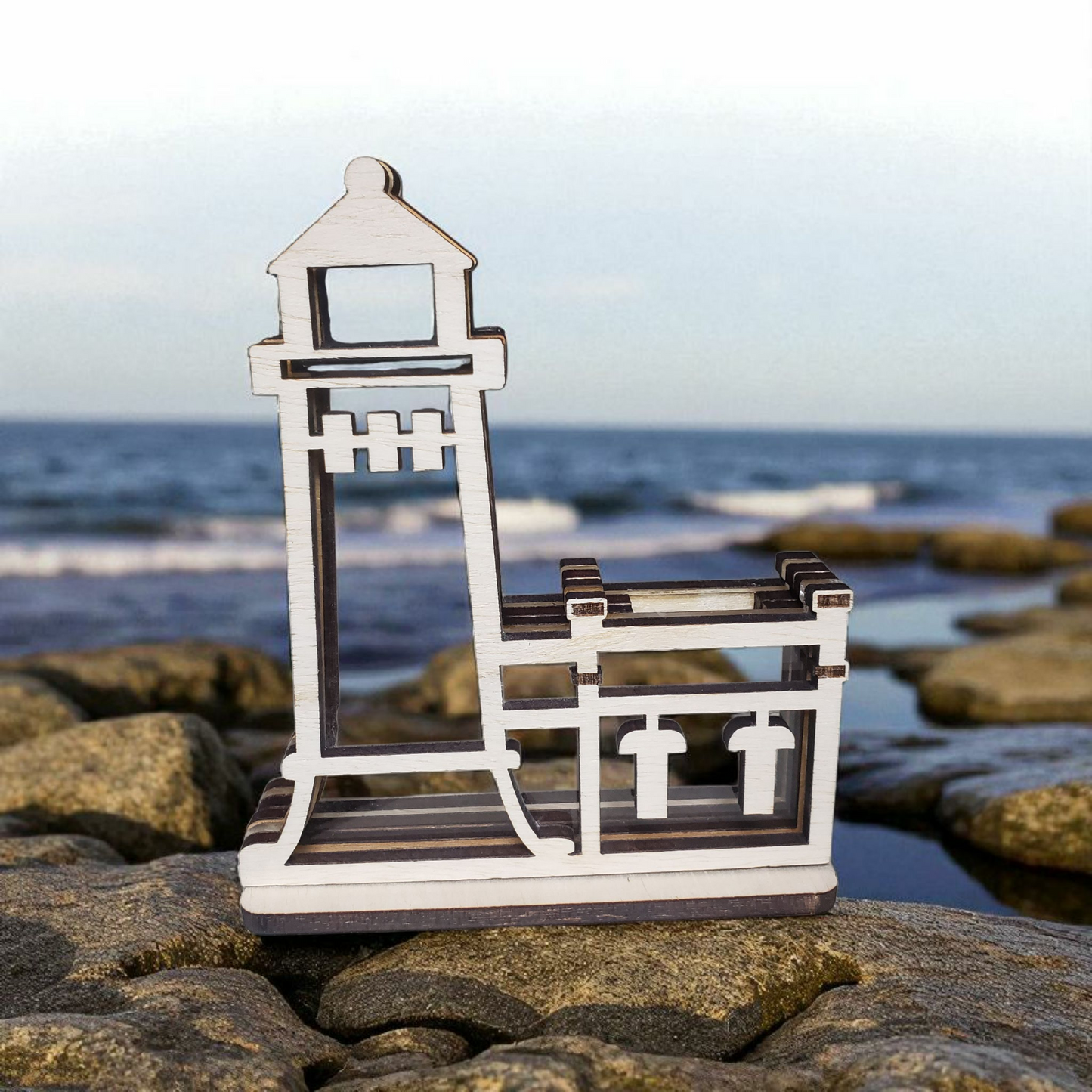 North Head Lighthouse Washington Sea Glass Shadowbox Display Single Sided, Window Hanging, Double Sided, LED Night Light, Small