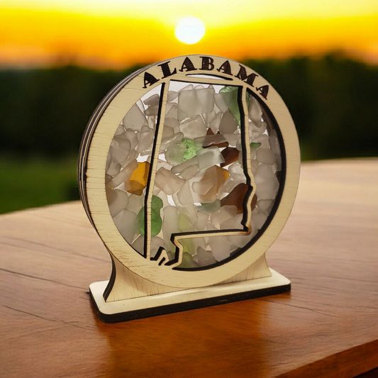 Alabama Round Sea Glass Shadowbox Display Single Sided, Window Hanging, Double Sided Shine-through Shelf Sitter, LED Light, Small