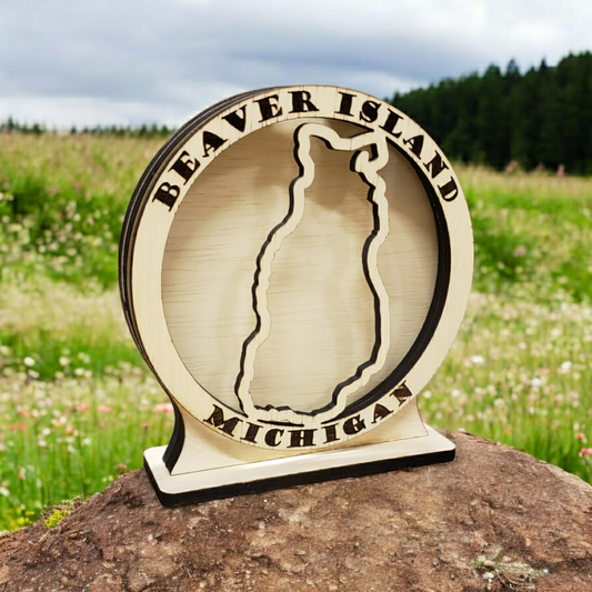 Beaver Island, MI Round Sea Glass Shadowbox Display Single Sided, Window Hanging, Double Sided Shine-through Shelf Sitter, LED Light, Small