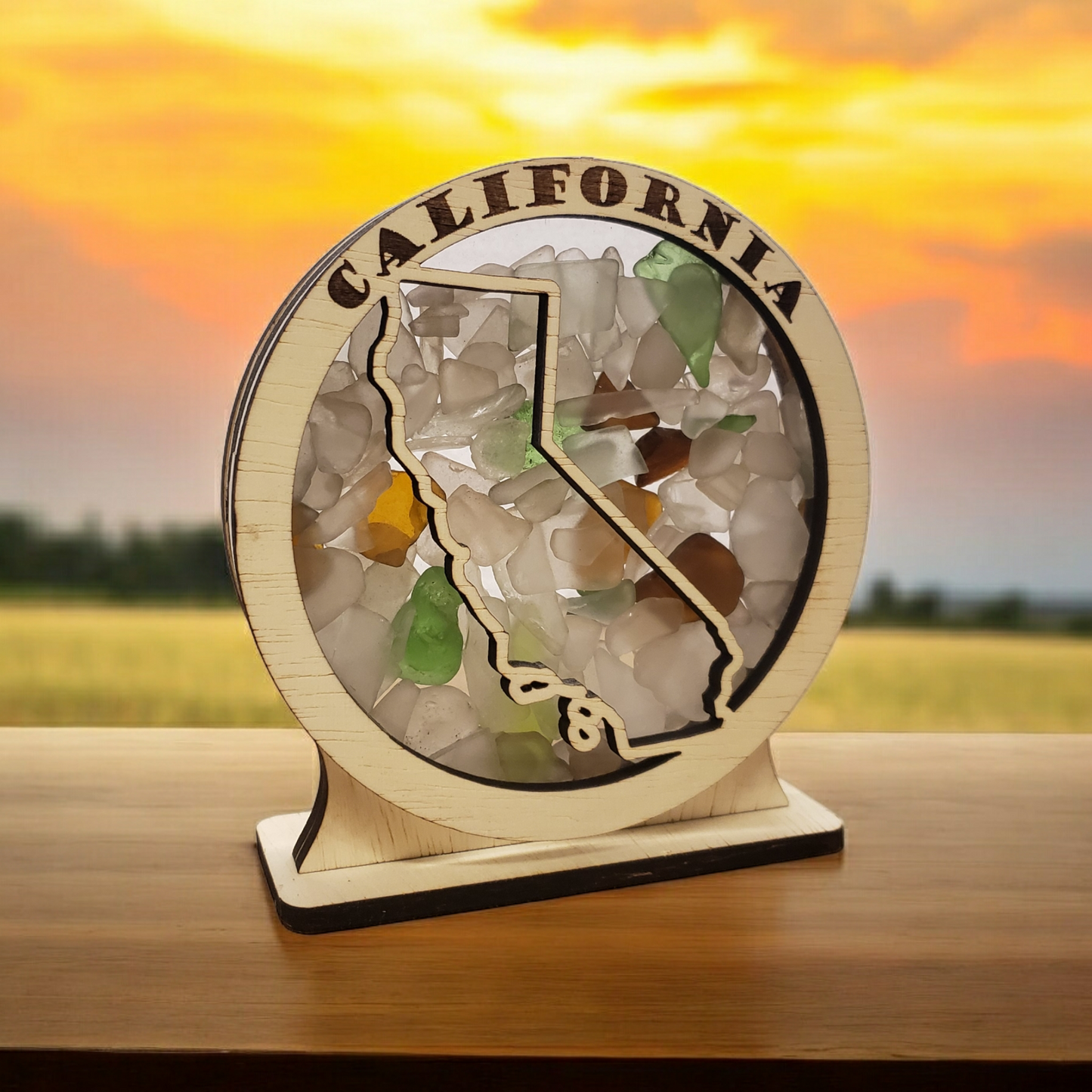 California Round Sea Glass Shadowbox Display Single Sided, Window Hanging, Double Sided Shine-through Shelf Sitter, LED Light, Small