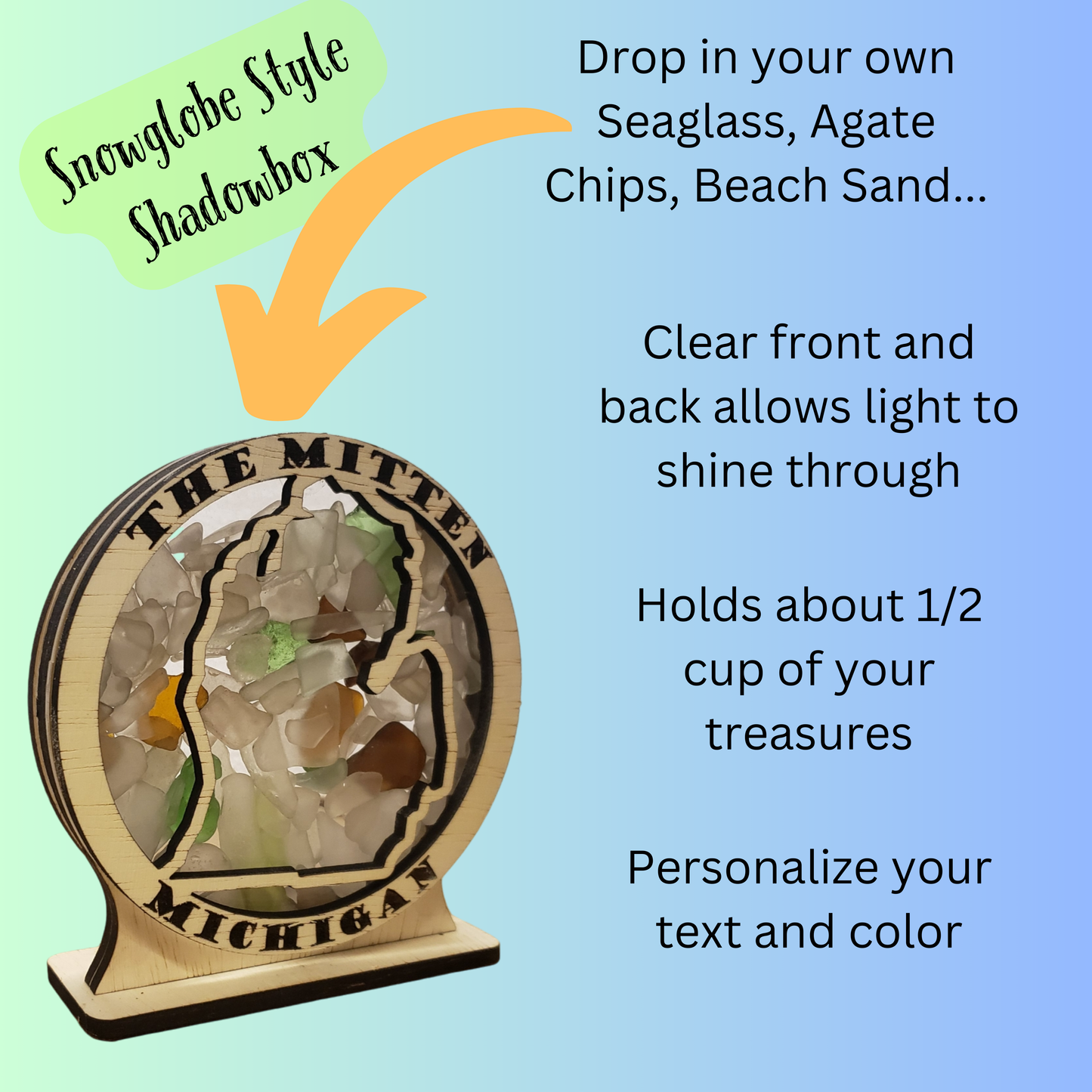 Georgia Round Sea Glass Shadowbox Display Single Sided, Window Hanging, Double Sided Shine-through Shelf Sitter, LED Light, Small