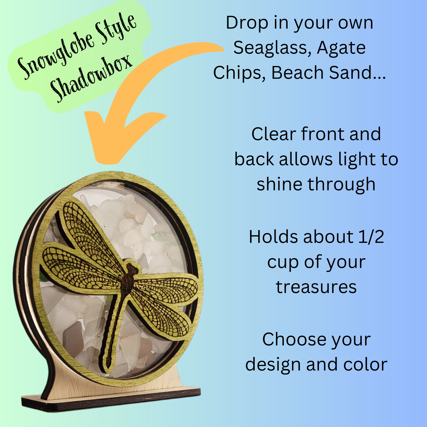 Sea Turtle Sea Glass Shadowbox Display Single Sided, Window Hanging, Double Sided Shine-through Shelf Sitter, LED Light, Small