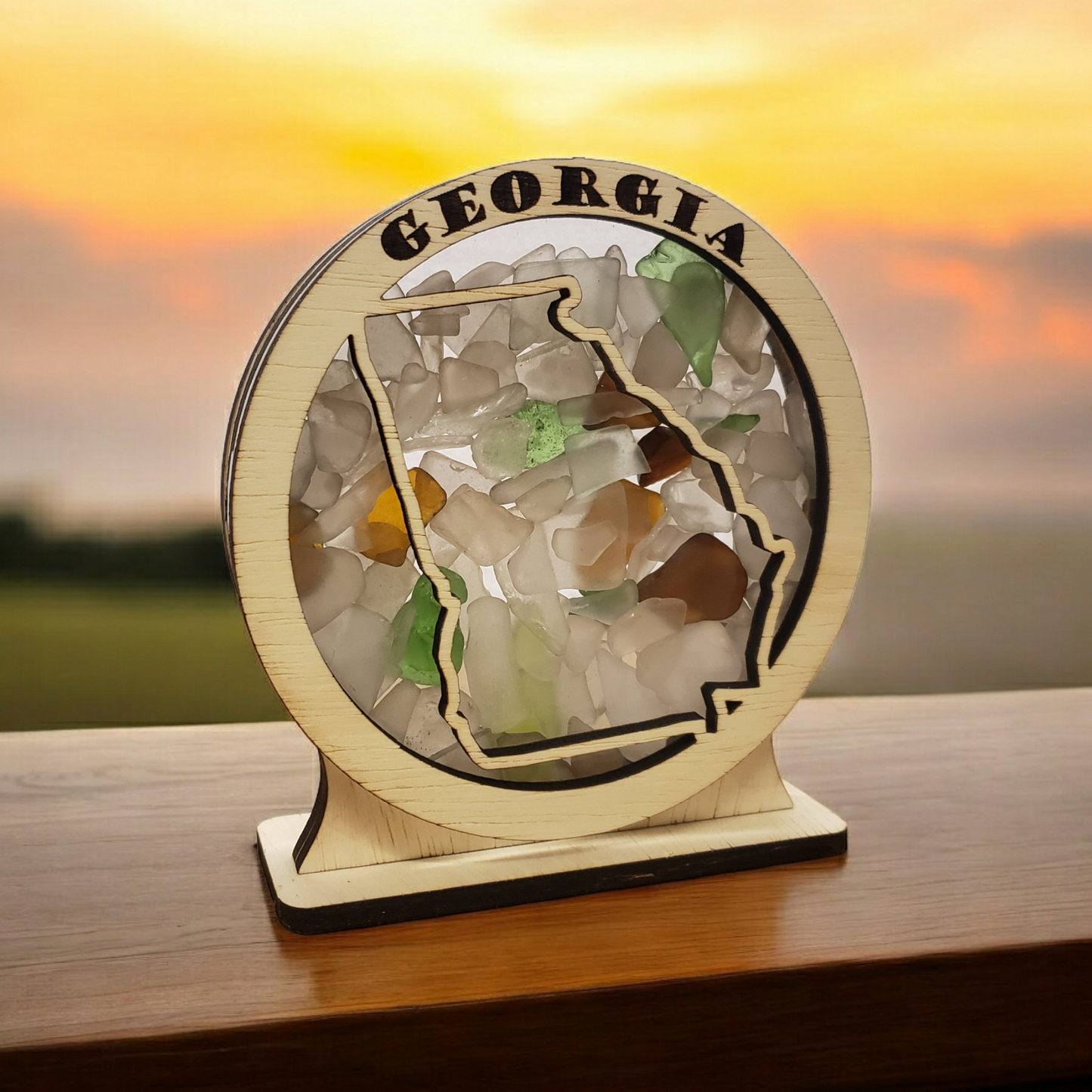 Georgia Round Sea Glass Shadowbox Display Single Sided, Window Hanging, Double Sided Shine-through Shelf Sitter, LED Light, Small