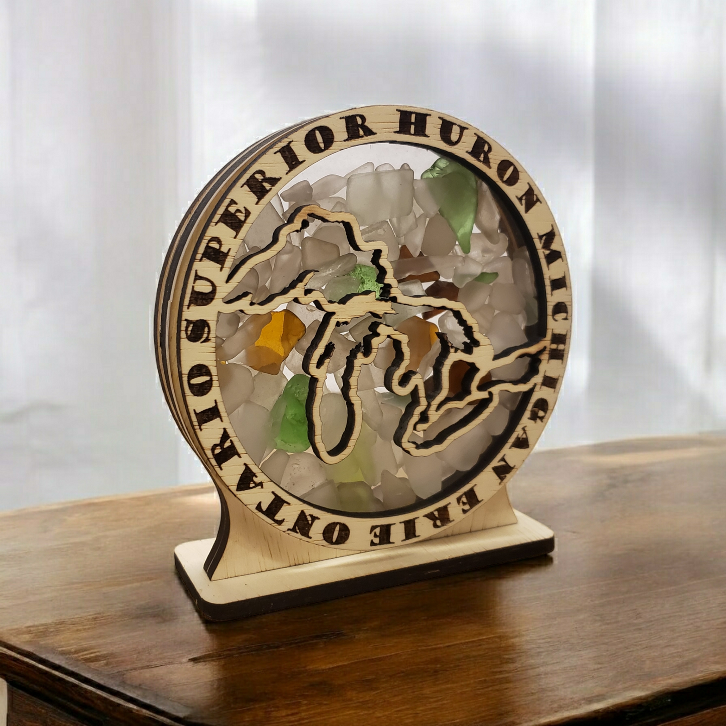 Great Lakes Round Sea Glass Shadowbox Display Single Sided, Window Hanging, Double Sided Shine-through Shelf Sitter, LED Light, Small