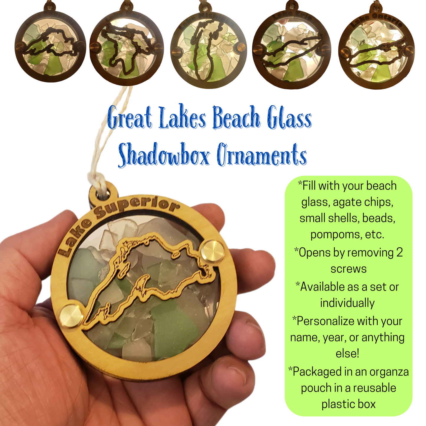 Great Lakes Beach Glass Shadowbox Ornament Set or Individual, Lake Superior, Lake Huron, Lake Michigan, Lake Erie, Lake Huron