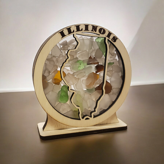 Illinois Round Sea Glass Shadowbox Display Single Sided, Window Hanging, Double Sided Shine-through Shelf Sitter, LED Light, Small