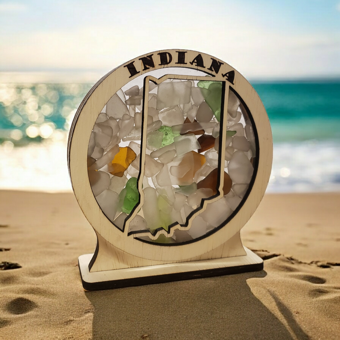 Indiana Round Sea Glass Shadowbox Display Single Sided, Window Hanging, Double Sided Shine-through Shelf Sitter, LED Light, Small
