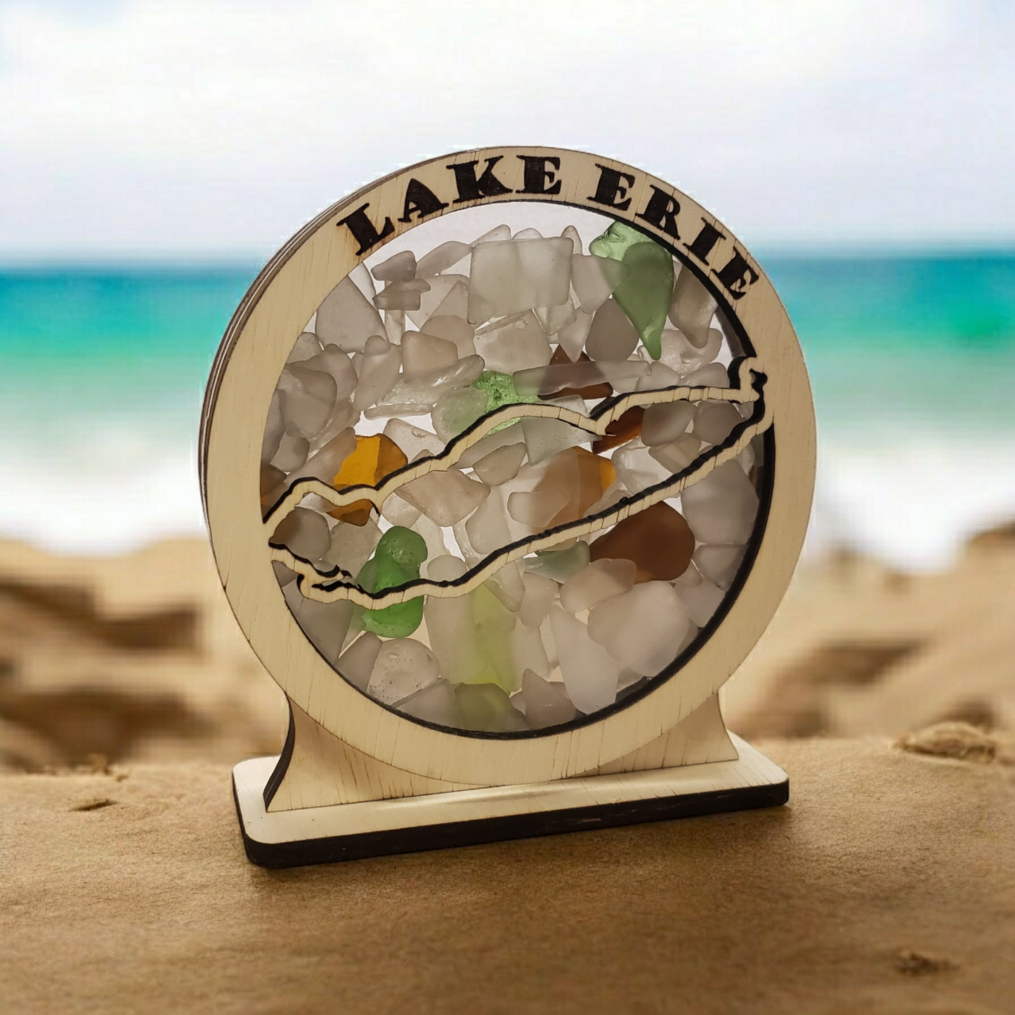 Lake Erie Round Sea Glass Shadowbox Display Single Sided, Window Hanging, Double Sided Shine-through Shelf Sitter, LED Light, Small