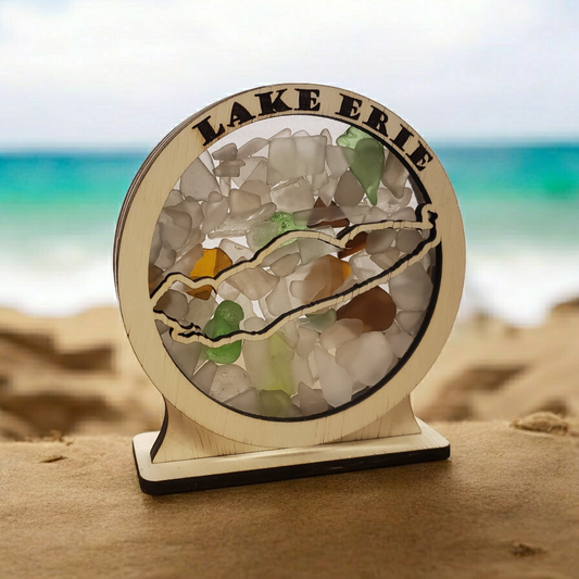 Lake Erie Round Sea Glass Shadowbox Display Single Sided, Window Hanging, Double Sided Shine-through Shelf Sitter, LED Light, Small