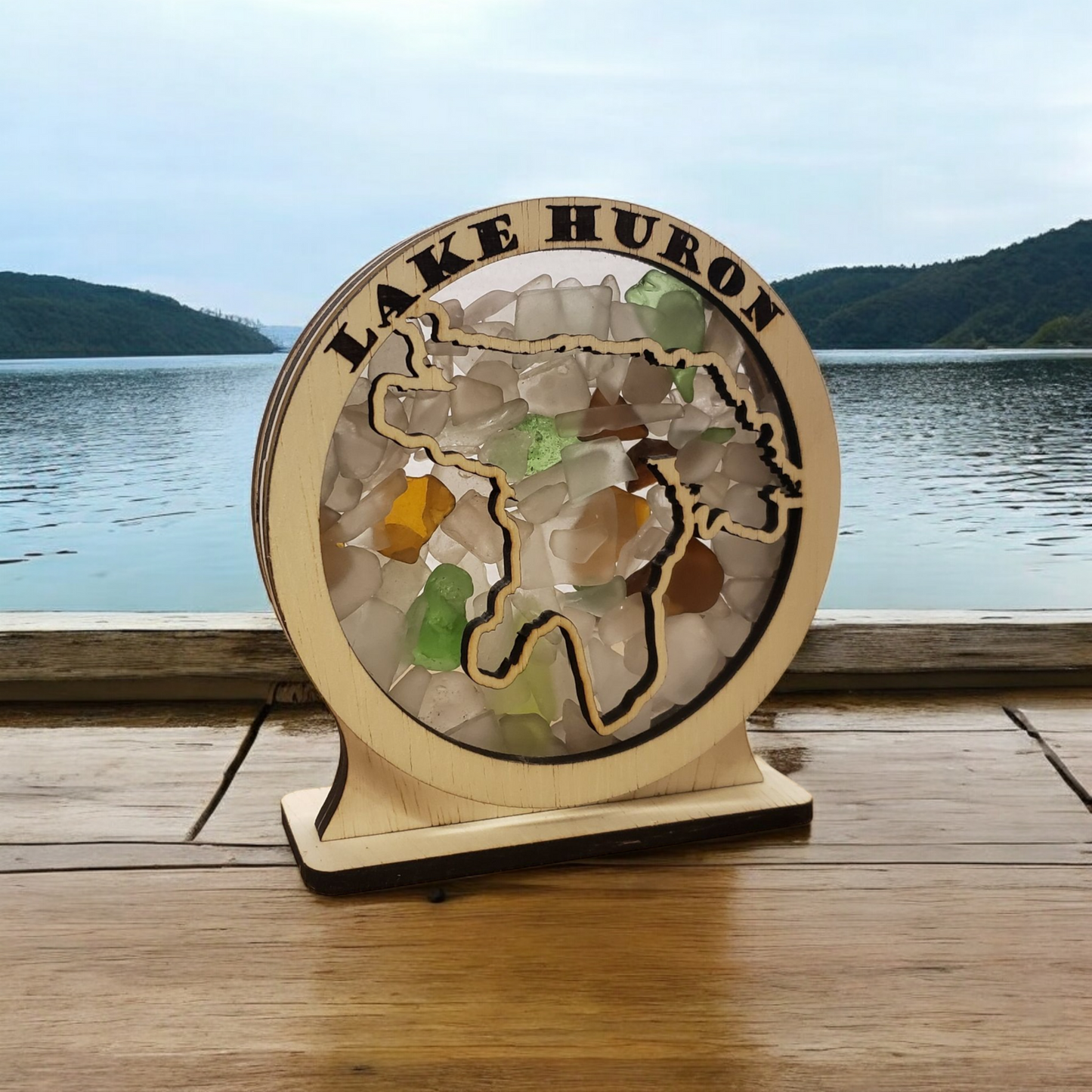 Lake Huron Round Sea Glass Shadowbox Display Single Sided, Window Hanging, Double Sided Shine-through Shelf Sitter, LED Light, Small