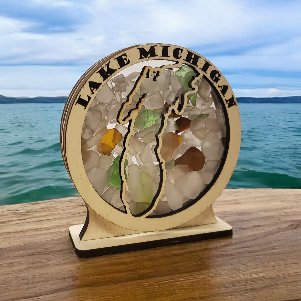 Lake Michigan Round Sea Glass Shadowbox Display Single Sided, Window Hanging, Double Sided Shine-through Shelf Sitter, LED Light, Small