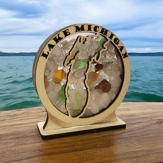 Lake Michigan Round Sea Glass Shadowbox Display Single Sided, Window Hanging, Double Sided Shine-through Shelf Sitter, LED Light, Small
