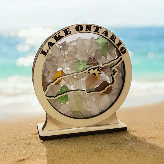 Lake Ontario Round Sea Glass Shadowbox Display Single Sided, Window Hanging, Double Sided Shine-through Shelf Sitter, LED Light, Small