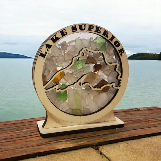 Lake Superior Round Sea Glass Shadowbox Display Single Sided, Window Hanging, Double Sided Shine-through Shelf Sitter, LED Light, Small