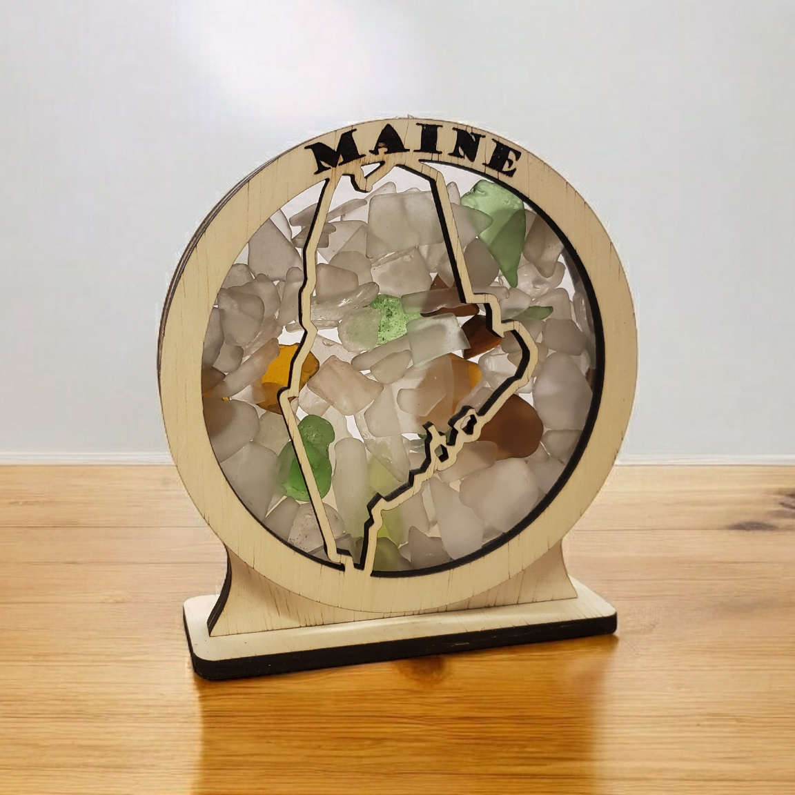 Maine Round Sea Glass Shadowbox Display Single Sided, Window Hanging, Double Sided Shine-through Shelf Sitter, LED Light, Small