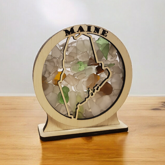 Maine Round Sea Glass Shadowbox Display Single Sided, Window Hanging, Double Sided Shine-through Shelf Sitter, LED Light, Small