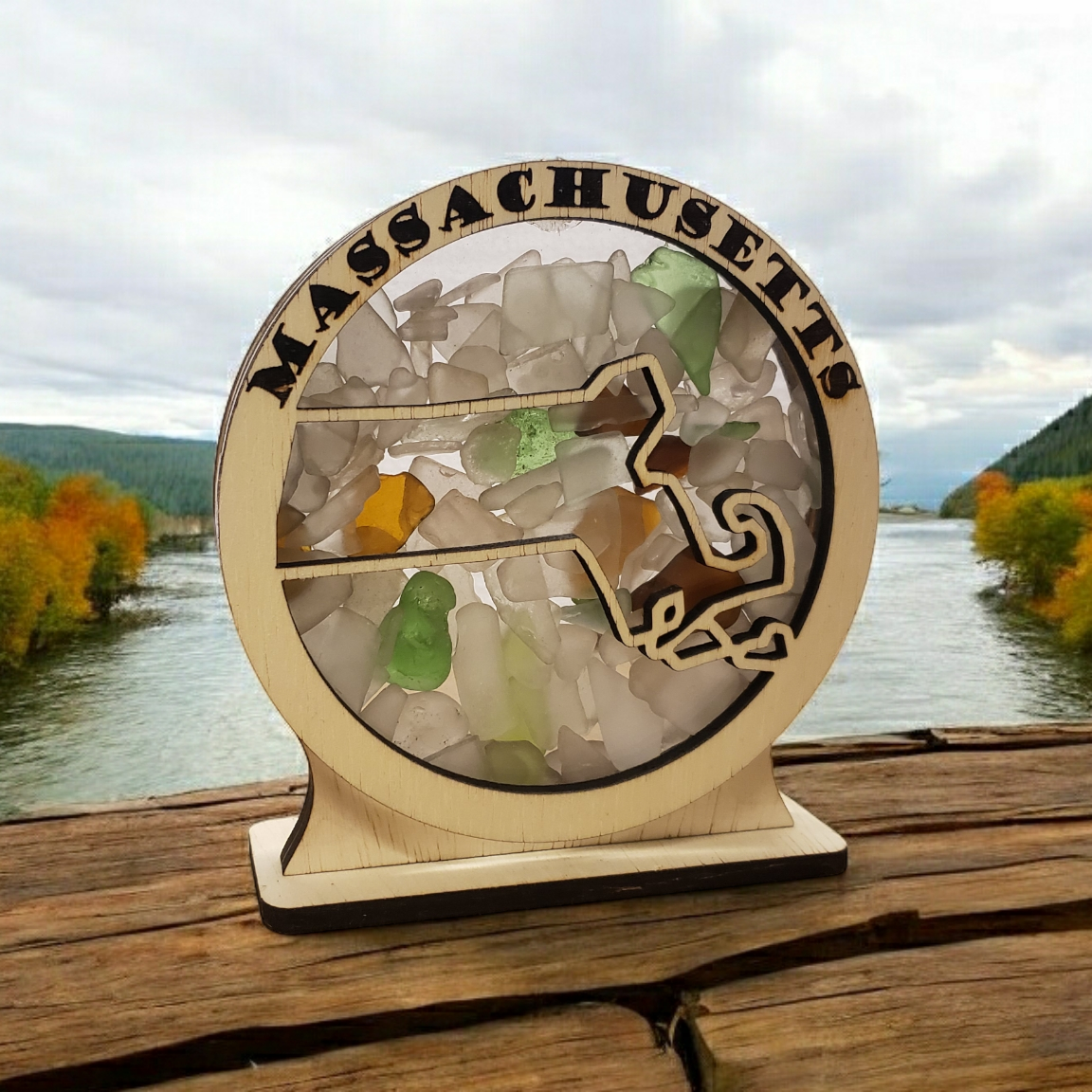 Massachusetts Round Sea Glass Shadowbox Display Single Sided, Window Hanging, Double Sided Shine-through Shelf Sitter, LED Light, Small