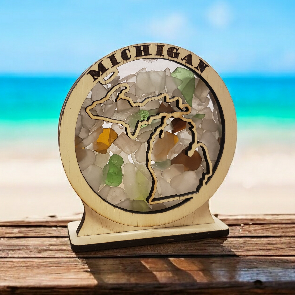 Michigan Round Sea Glass Shadowbox Display Single Sided, Window Hanging, Double Sided Shine-through Shelf Sitter, LED Light, Small