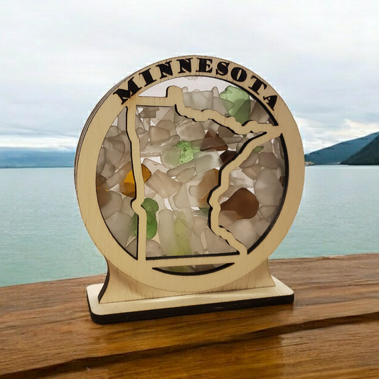 Minnesota Round Sea Glass Shadowbox Display Single Sided, Window Hanging, Double Sided Shine-through Shelf Sitter, LED Light, Small