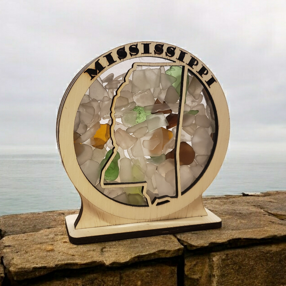 Mississippi Round Sea Glass Shadowbox Display Single Sided, Window Hanging, Double Sided Shine-through Shelf Sitter, LED Light, Small