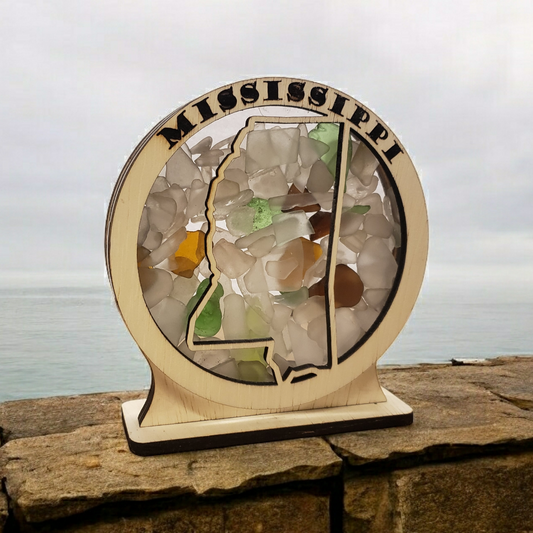 Mississippi Round Sea Glass Shadowbox Display Single Sided, Window Hanging, Double Sided Shine-through Shelf Sitter, LED Light, Small