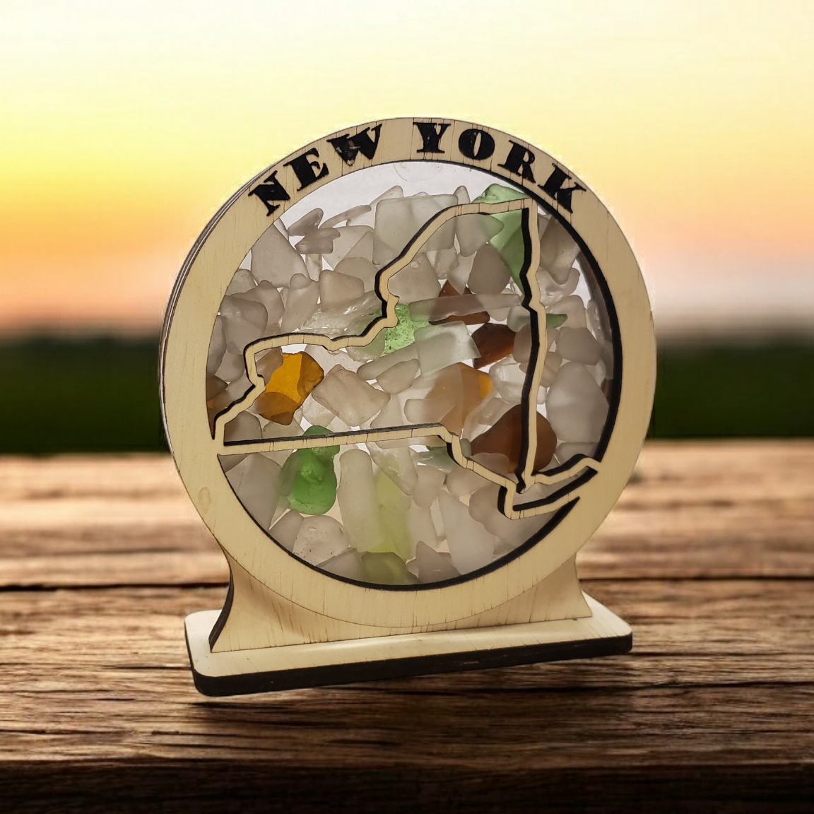 New York Round Sea Glass Shadowbox Display Single Sided, Window Hanging, Double Sided Shine-through Shelf Sitter, LED Light, Small