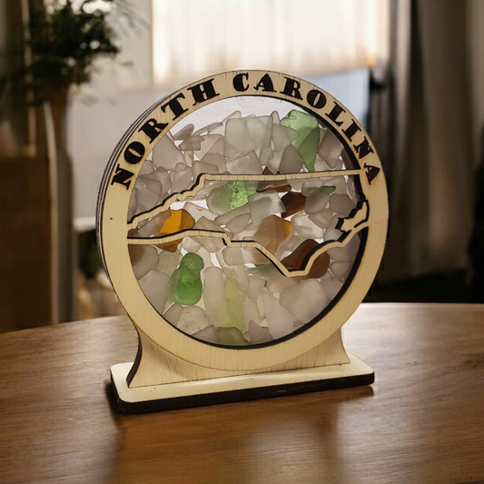 North Carolina Round Sea Glass Shadowbox Display Single Sided, Window Hanging, Double Sided Shine-through Shelf Sitter, LED Light, Small