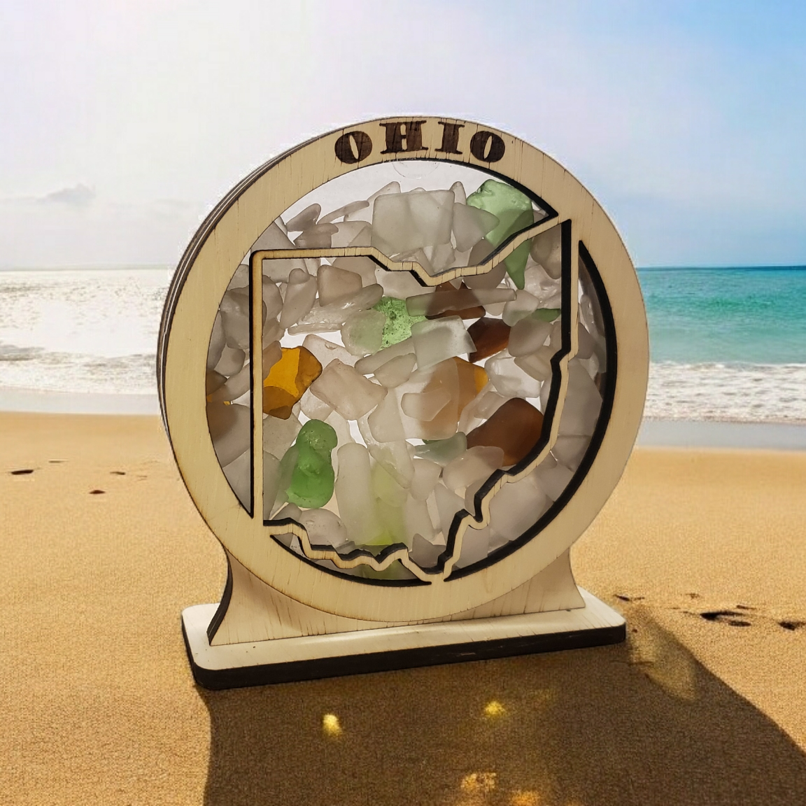 Ohio Round Sea Glass Shadowbox Display Single Sided, Window Hanging, Double Sided Shine-through Shelf Sitter, LED Light, Small